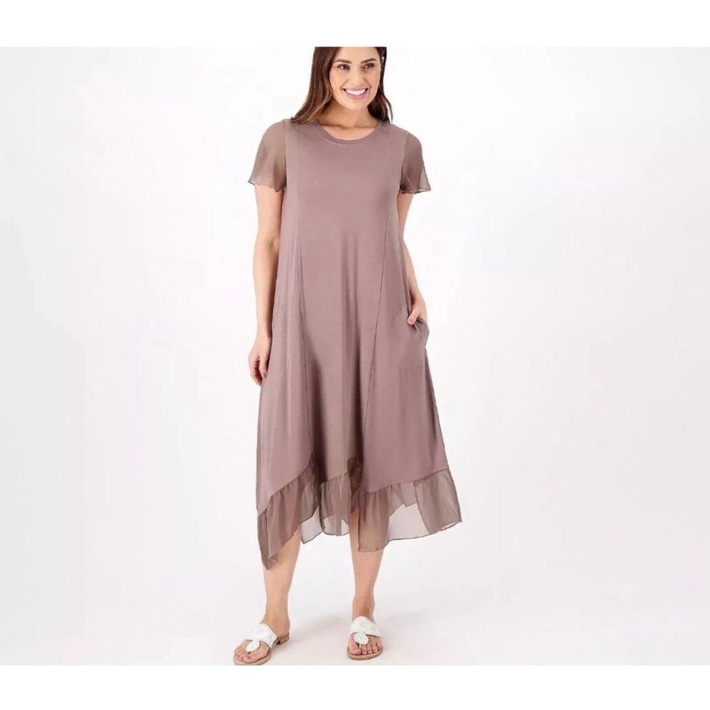 LOGO Lori Goldstein Women Taupe Mauve Chiffon Trim Sharkbite Hem Midi Dress S